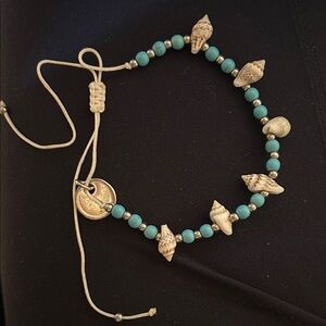 Turquoise Bead and Shell Charm Bracelet - Adjustable Coastal Style